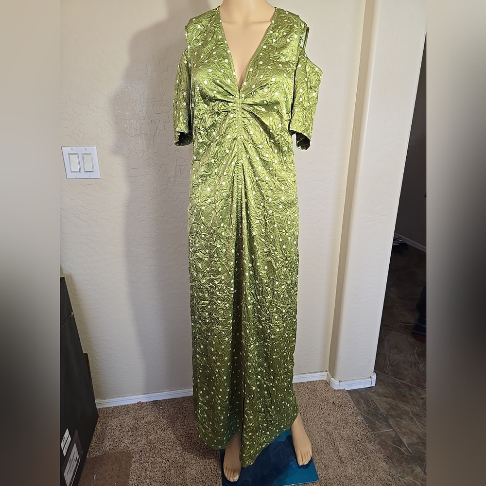 Ganni Polka Dot Lime Green Cold Shoulder Crinkle Evening Dress Sz 38 (6-8)